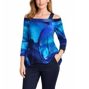 Clara Sun Woo NWT Women's Blue Watercolor Open Shoulder 3/4 Sleeve Tunic Top L